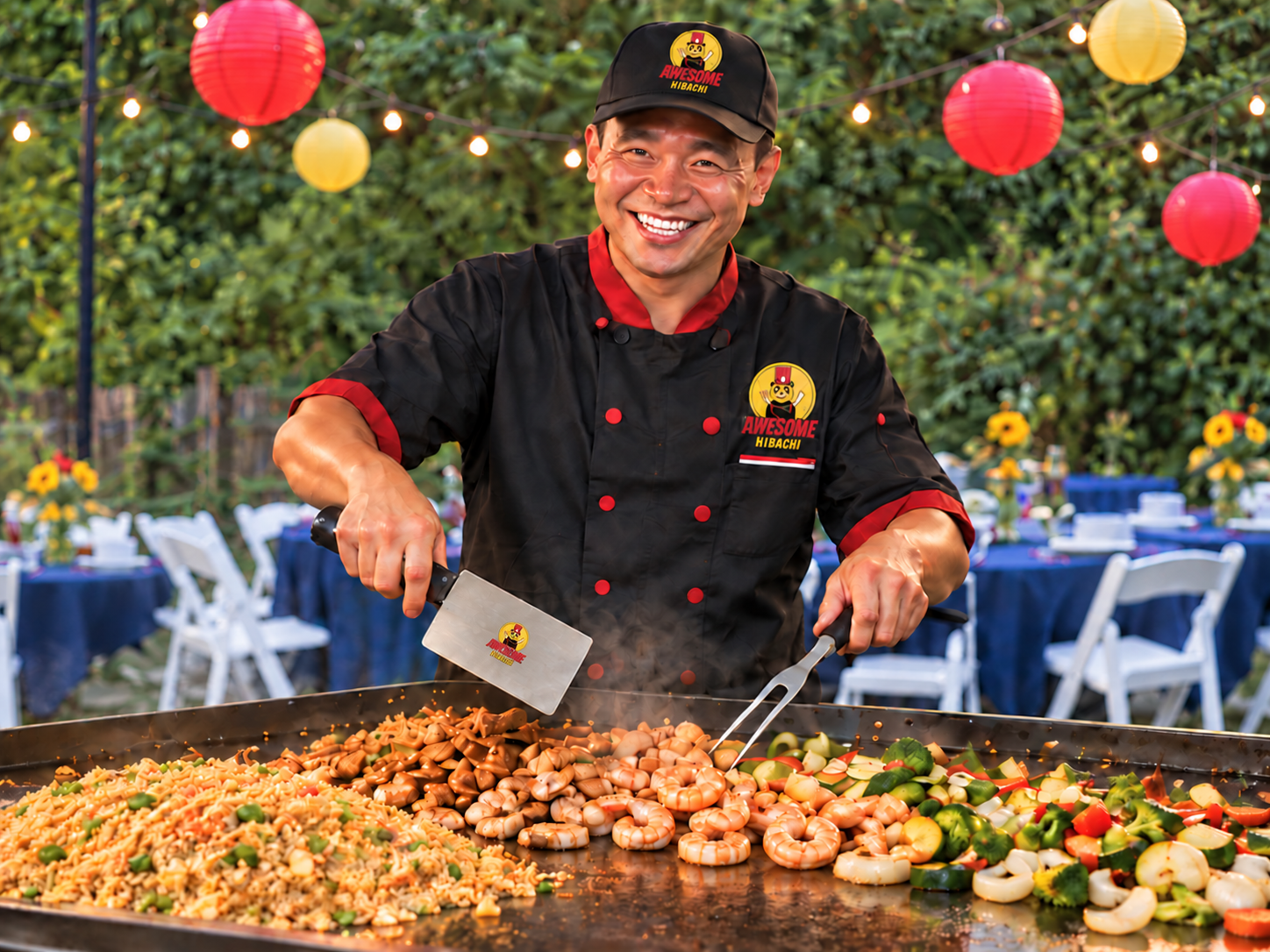 Awesome Hibachi chef preparing rice, shrimp and vegetables on an outdoor hibachi grill