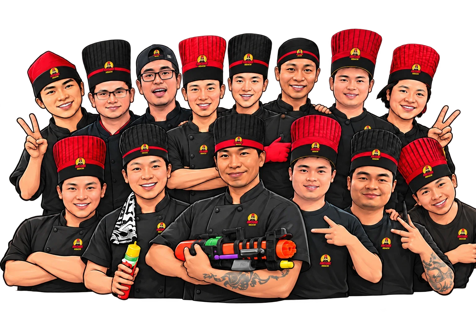 Cartoon portrait of the Awesome Hibachi chef team in branded uniforms