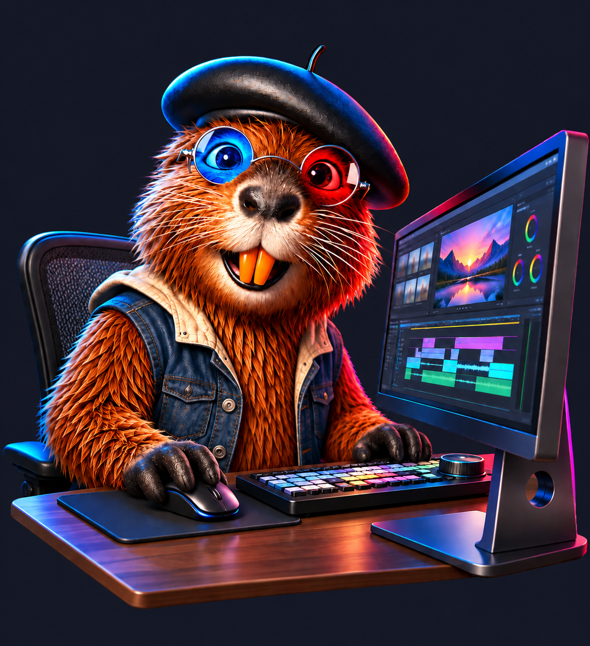 Beatnik mascot editing video at a computer workstation