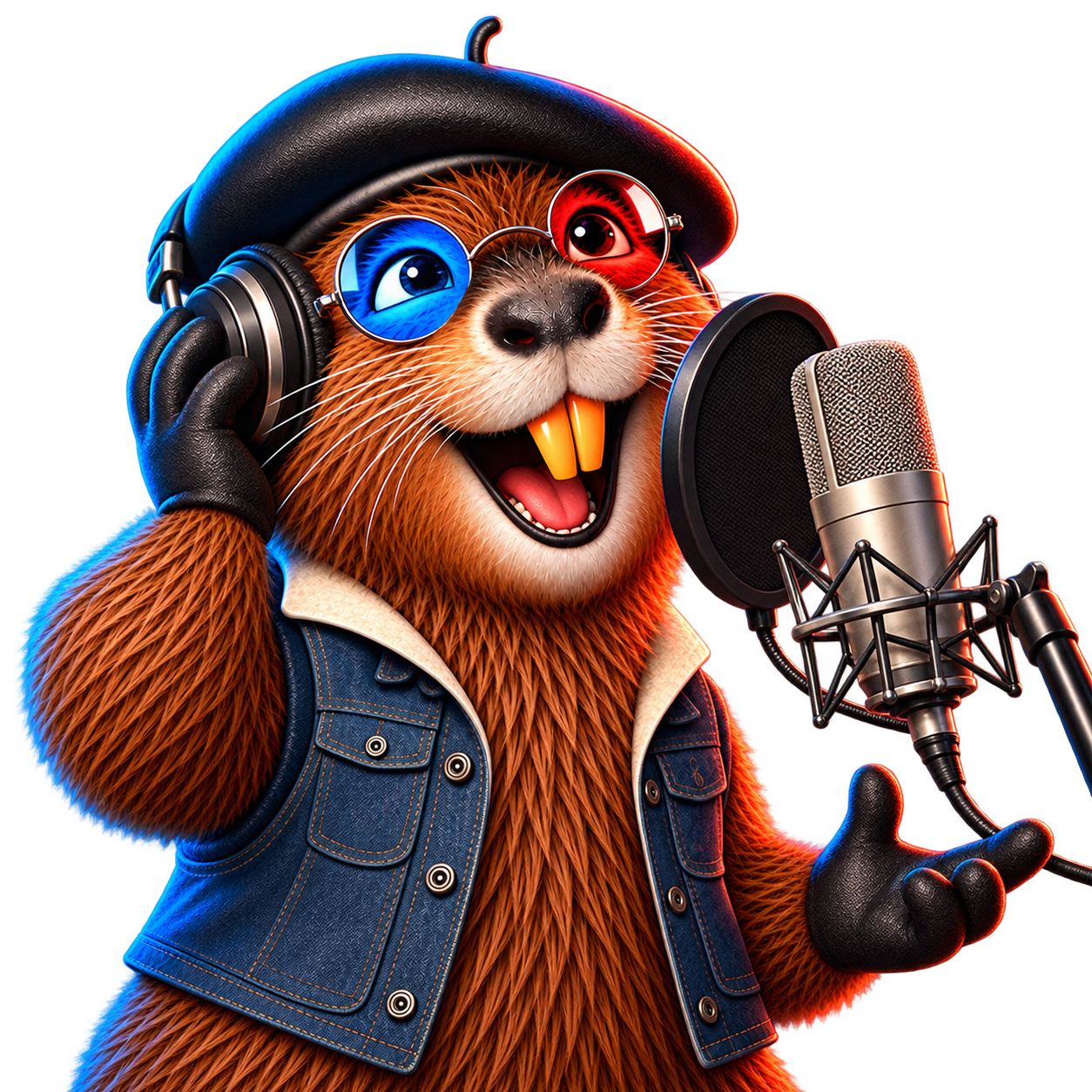 Beatnik mascot singing into a studio microphone while wearing headphones