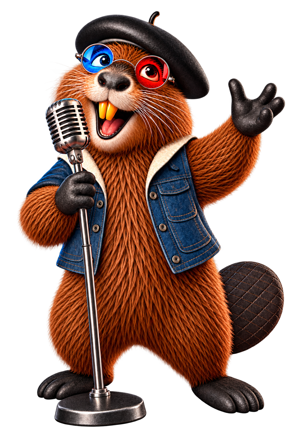 Beatnik mascot singing into a vintage microphone