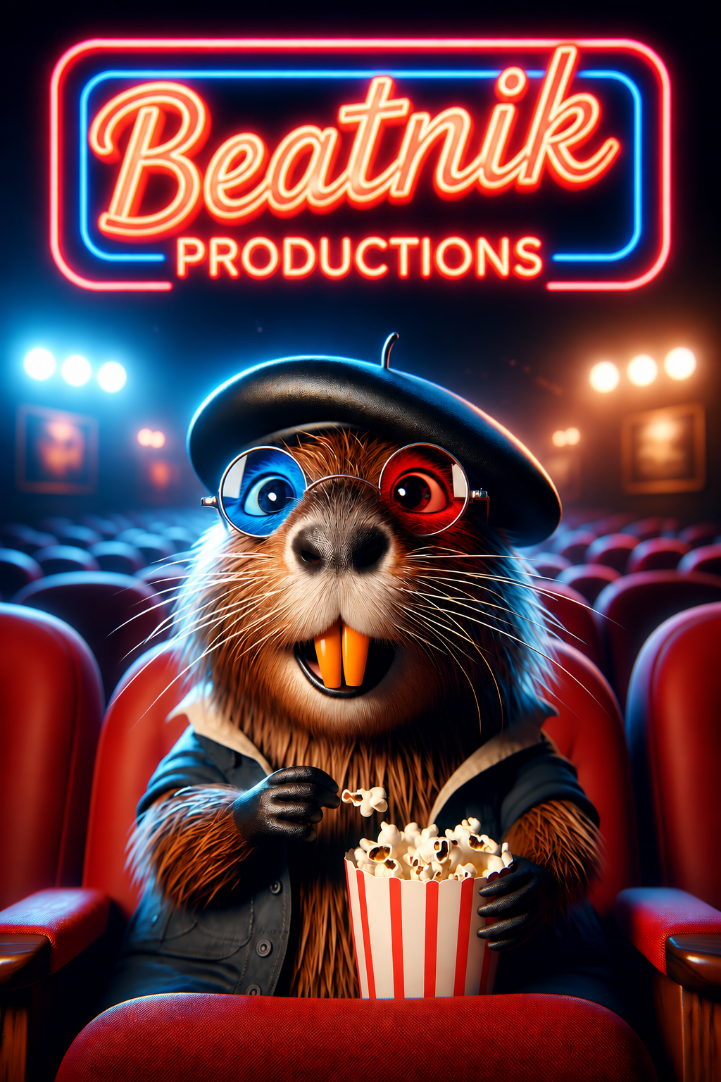 Beatnik Productions in neon above our mascot enjoying popcorn at the movies