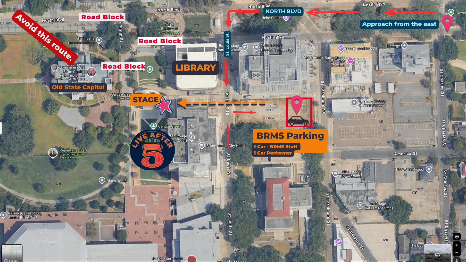 Live After 5 venue and parking map, Spring 2026
