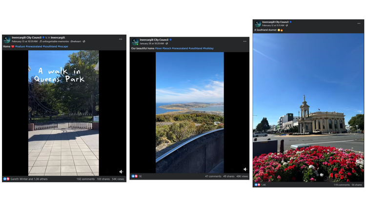 Three Invercargill City Council social media posts showing local scenes: a walk in Queens Park, a coastal lookout view, and the city centre with flower beds and a historic building.