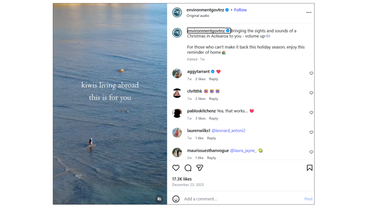 Instagram post from the Ministry for the Environment showing a lone swimmer walking out into the ocean with text “Kiwis living abroad this is for you,” highlighting the sights and sounds of a New Zealand Christmas.