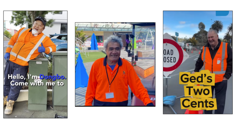 Three social media screenshots featuring council staff in high-visibility orange workwear: one introducing “Dongbo” beside a rubbish bin, one portrait of a staff member outdoors, and one titled “Ged’s Two Cents” beside a road closed sign.