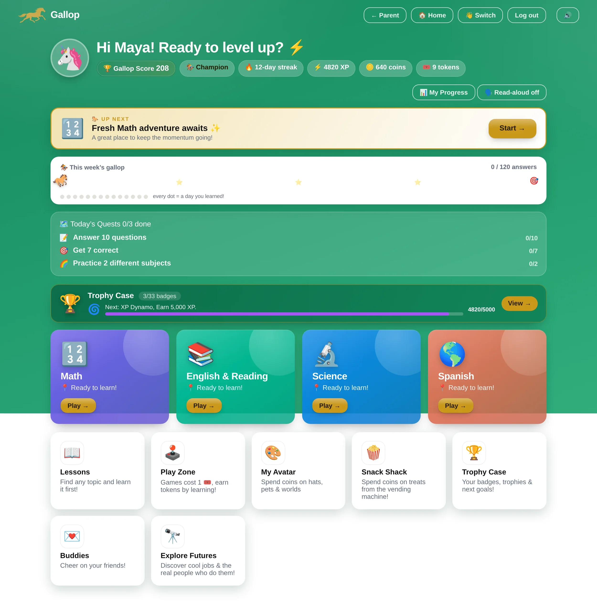 Gallop student home screen