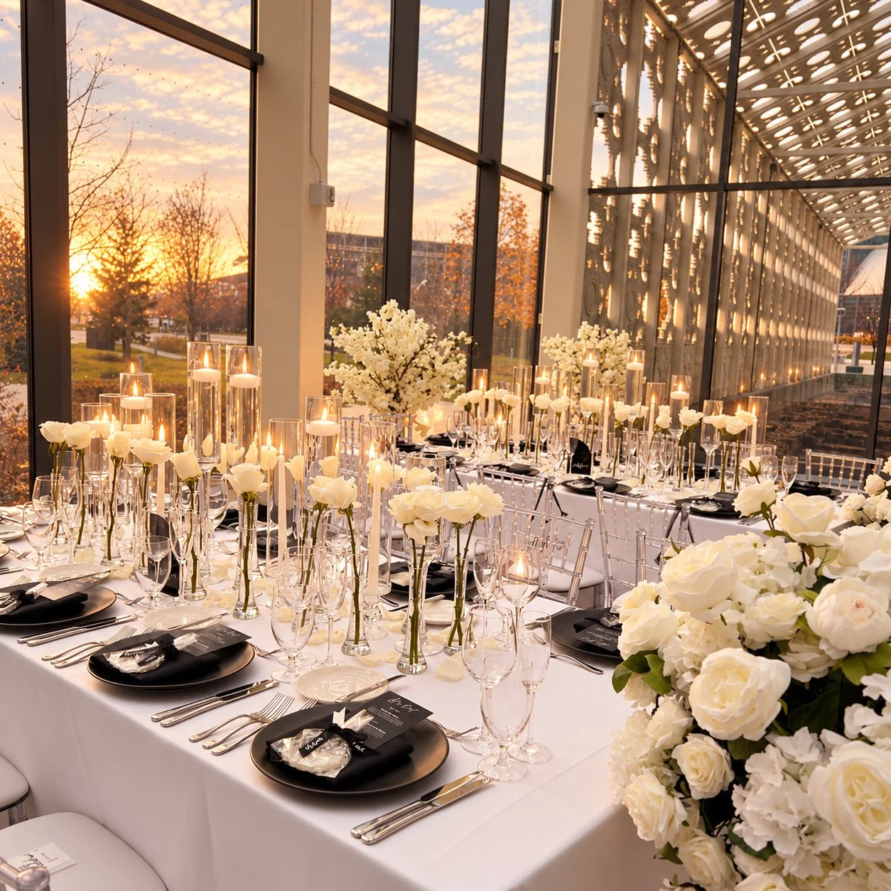 Elegant white rose wedding tablescape with glass vases, floating candles, taper candles, and black dinnerware at Hotel X Toronto.