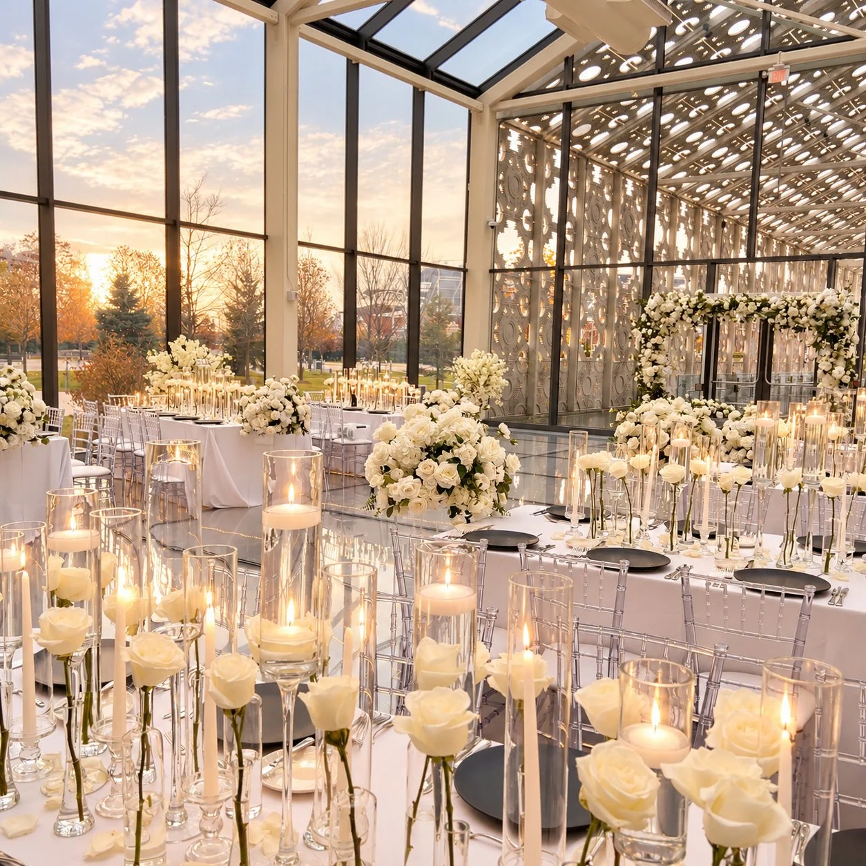 Elegant candlelit wedding reception at Hotel X Toronto with white roses, floating candles, clear chairs, and luxury table décor by CHIC WED DECOR.