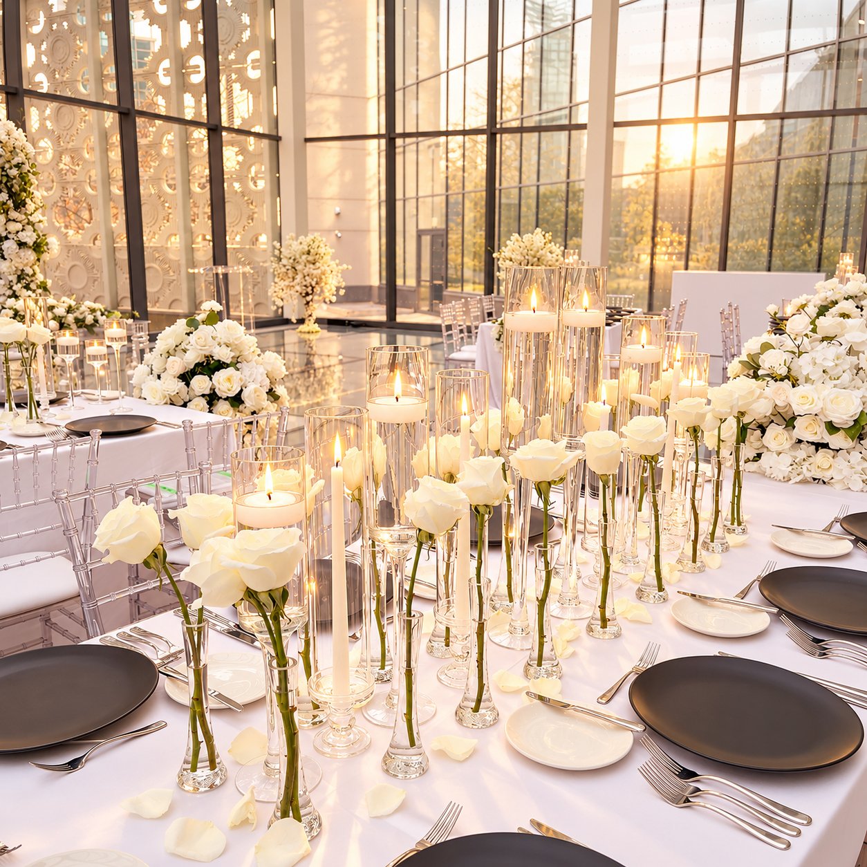 Modern white floral wedding tablescape in Toronto featuring white roses, glass candle holders, taper candles, and sophisticated black place settings at Hotel X.