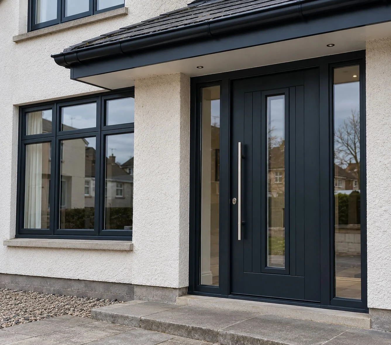 New anthracite grey windows and composite front door on a rendered Irish home