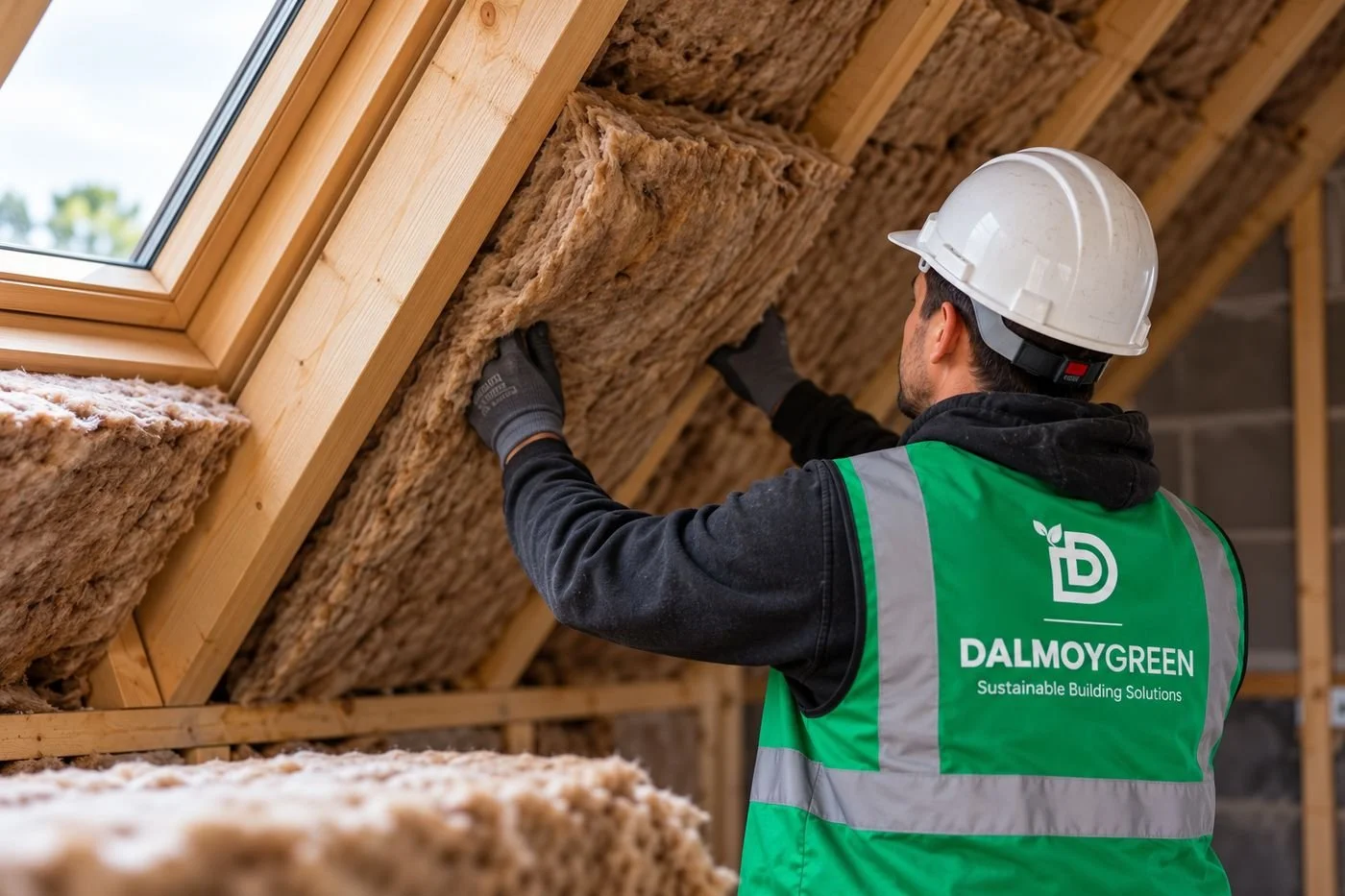 Dalmoy Green installer fitting roof insulation between rafters