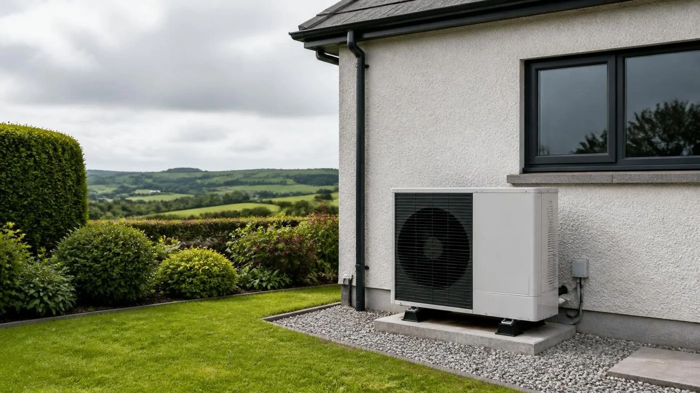 Air source heat pump installed beside a rendered Irish home