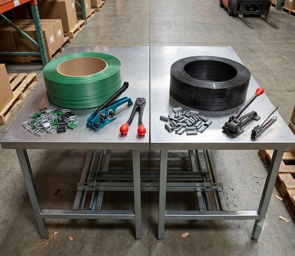A coil of strapping with buckles and seals and a tensioner tool laid out together