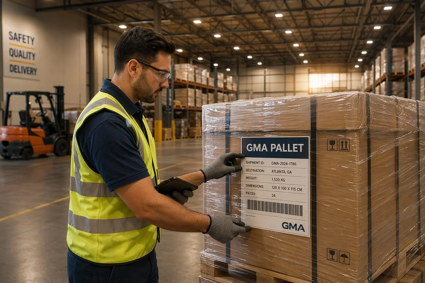 Warehouse worker scanning a shrink-wrapped load on a GMA pallet in a distribution center