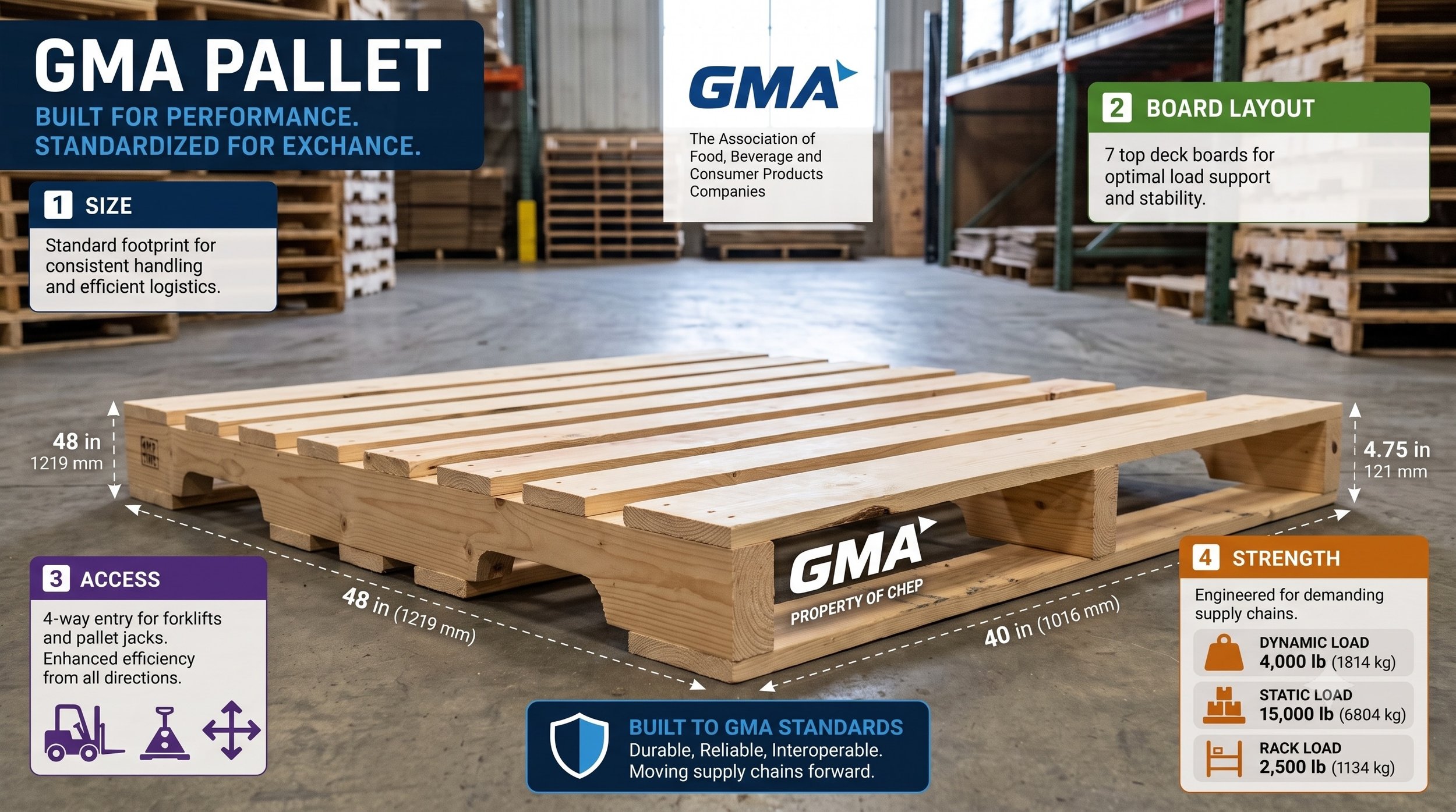 GMA pallet specification infographic showing size, board layout, access, and strength