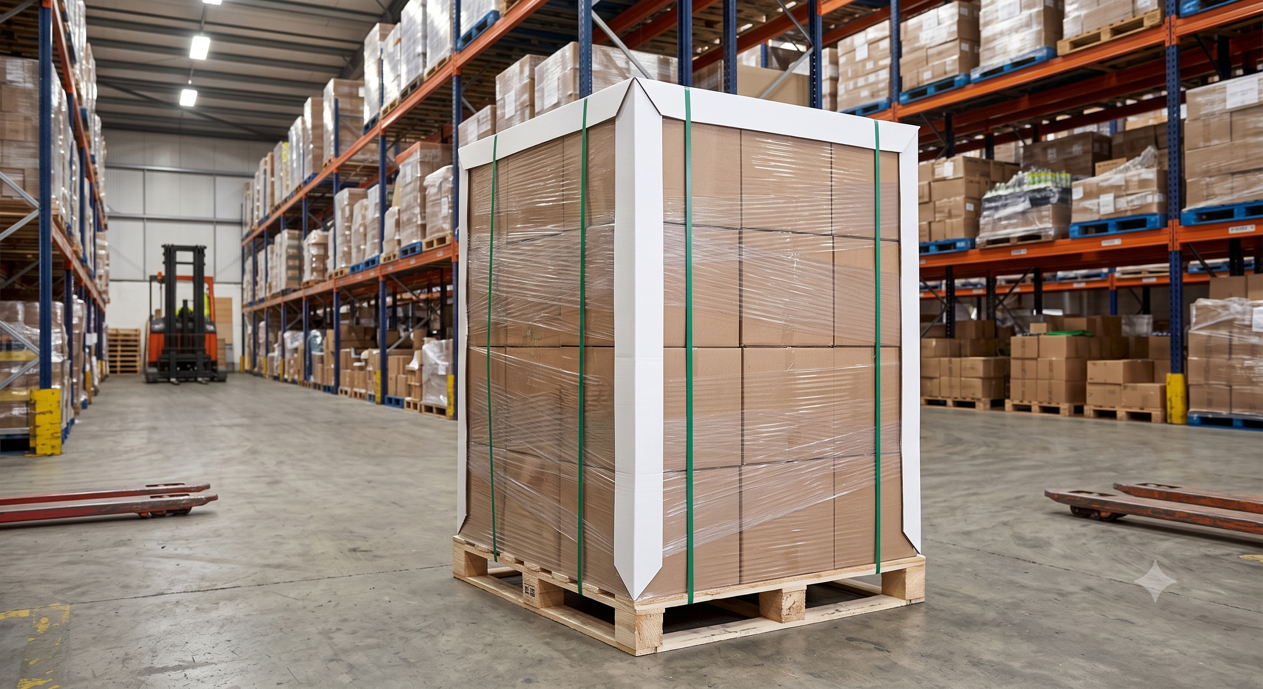 A cleanly strapped pallet load with cornerboard under the straps at the edges