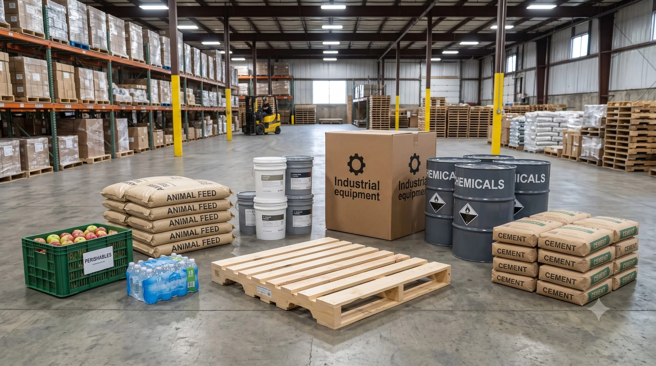 Empty pallet surrounded by boxed and bagged goods in a warehouse