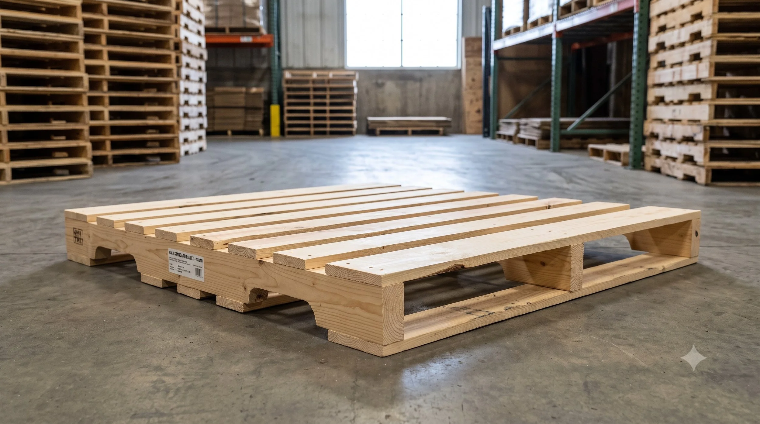 Empty 48x40 wood pallet on a warehouse floor