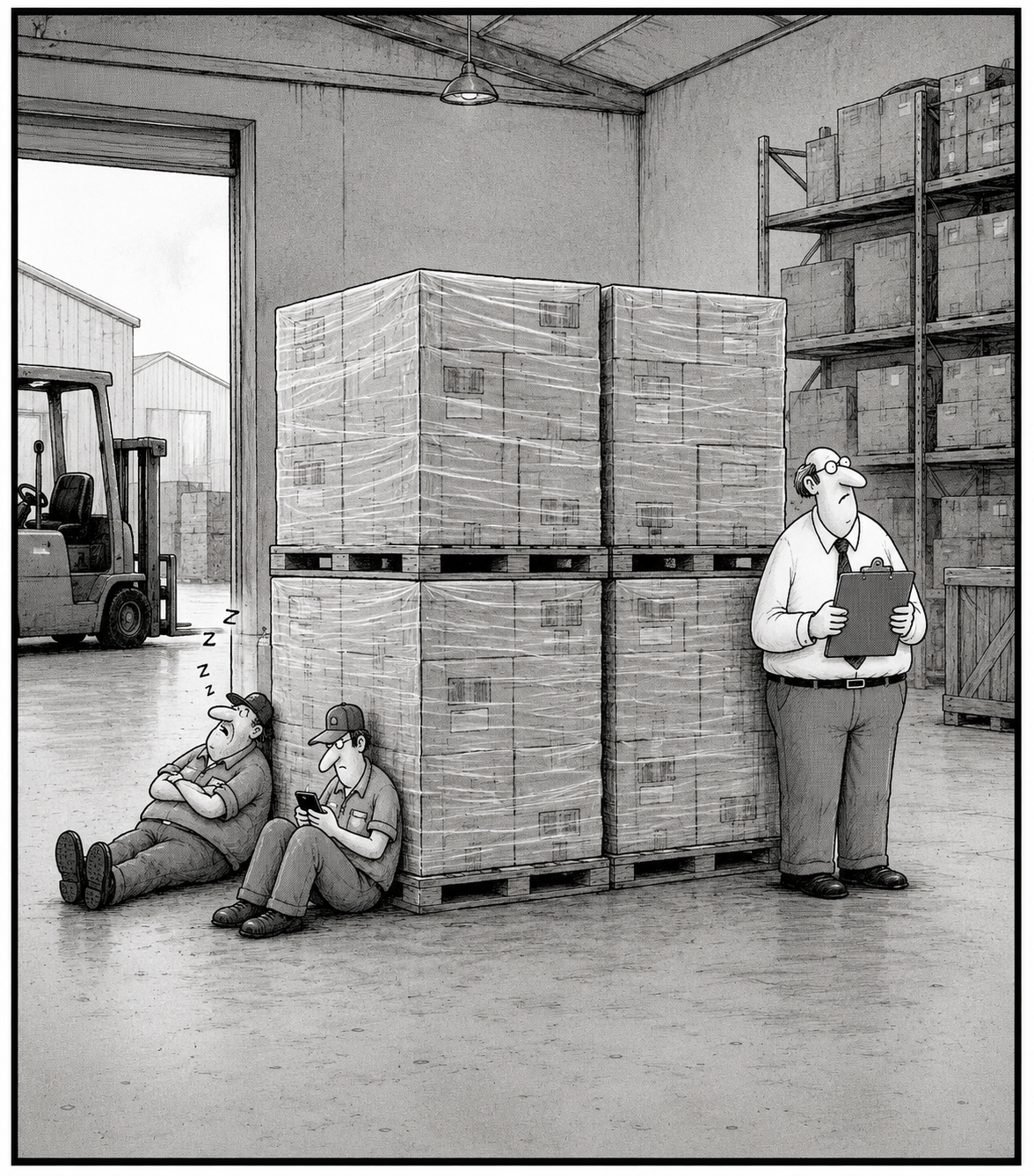 Cartoon of a shipping manager listening for the crackle of blown stretch film on the floor