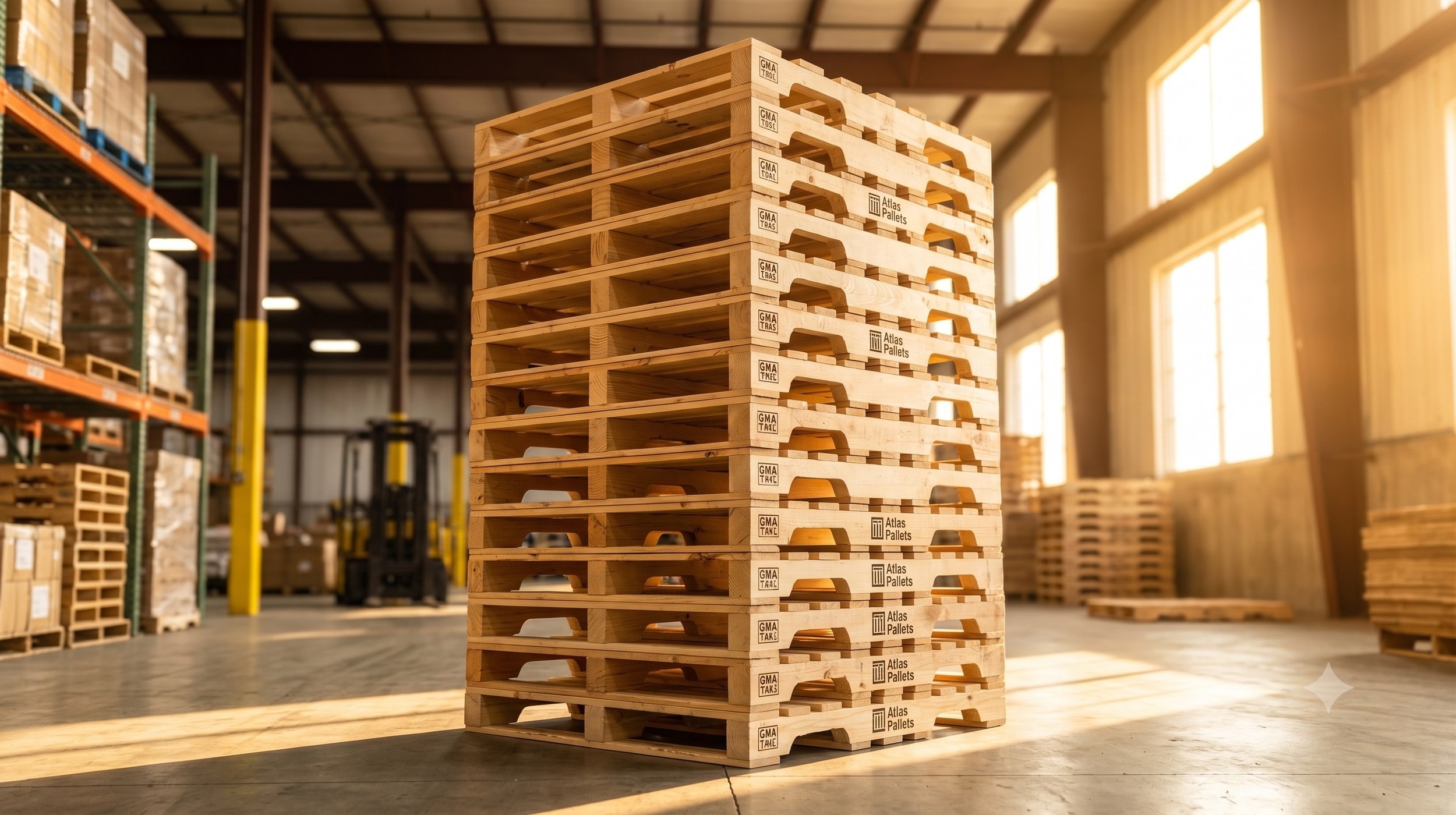 Tall stack of empty wood pallets in a warehouse