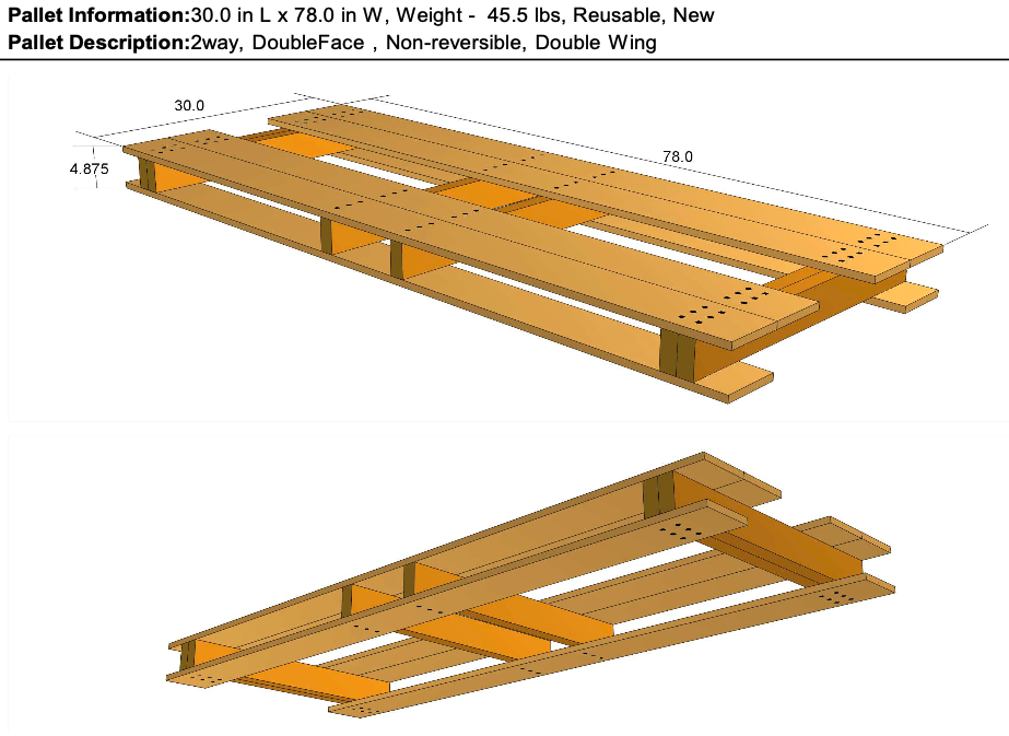 CAD design diagram of the 30 by 78 reinforced pallet: 2-way, double face, double wing, 45.5 pounds