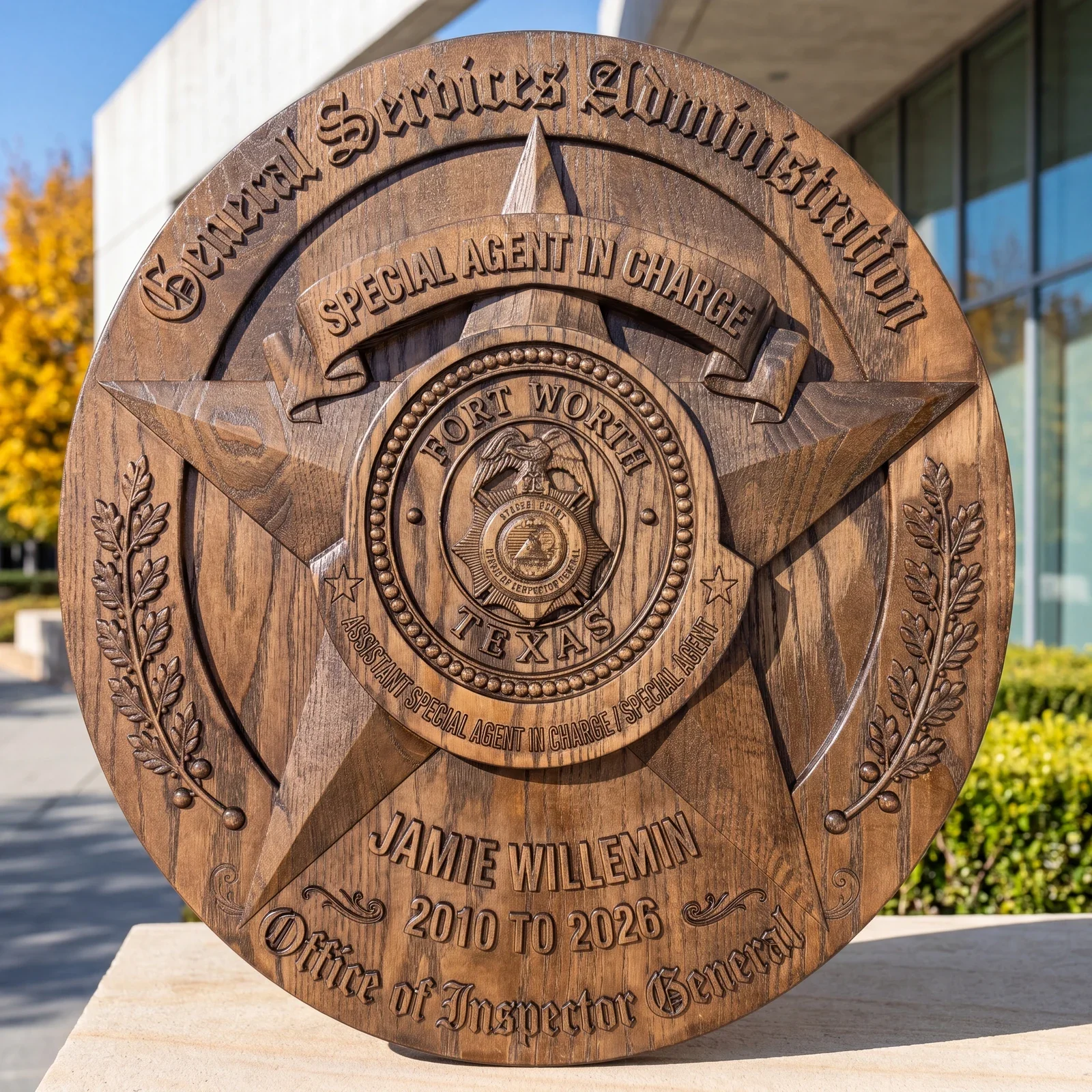 GSA OIG retirement plaque with raised badge, Fort Worth lettering and personalized name, shown in a digitally styled setting