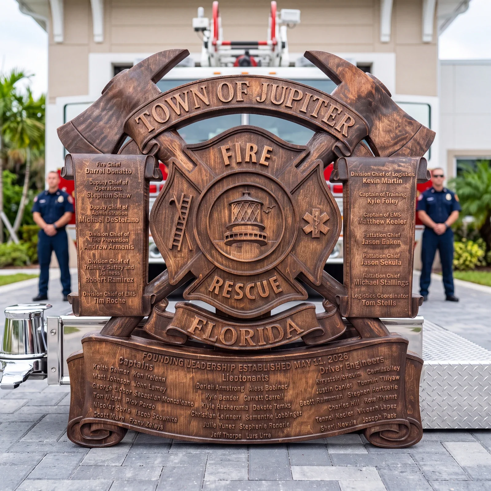 Jupiter Fire Rescue commemorative wood plaque in a styled fire-station setting