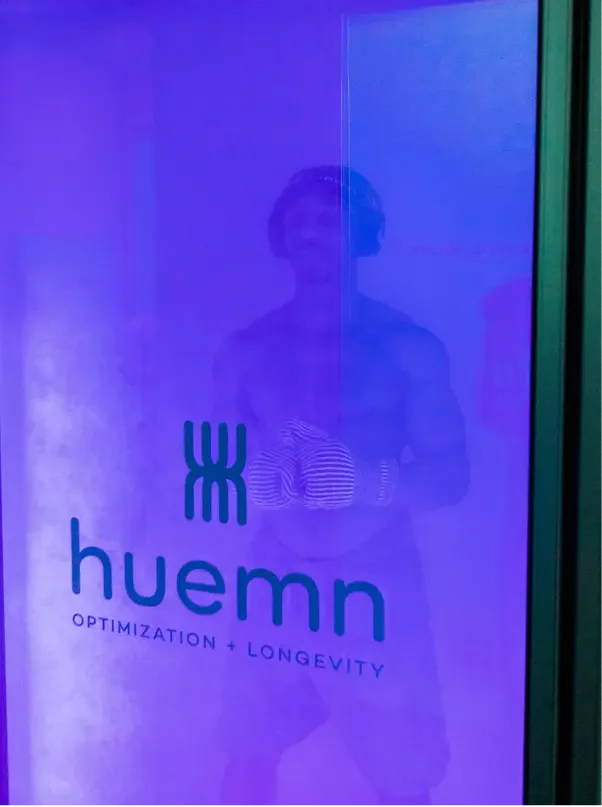 Whole body cryotherapy chamber with Huemn Optimization and Longevity branding