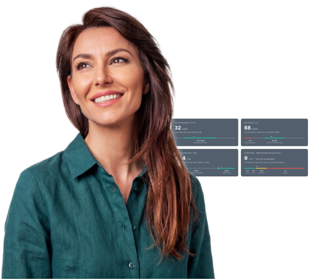 Smiling woman beside example hormone and symptom marker cards