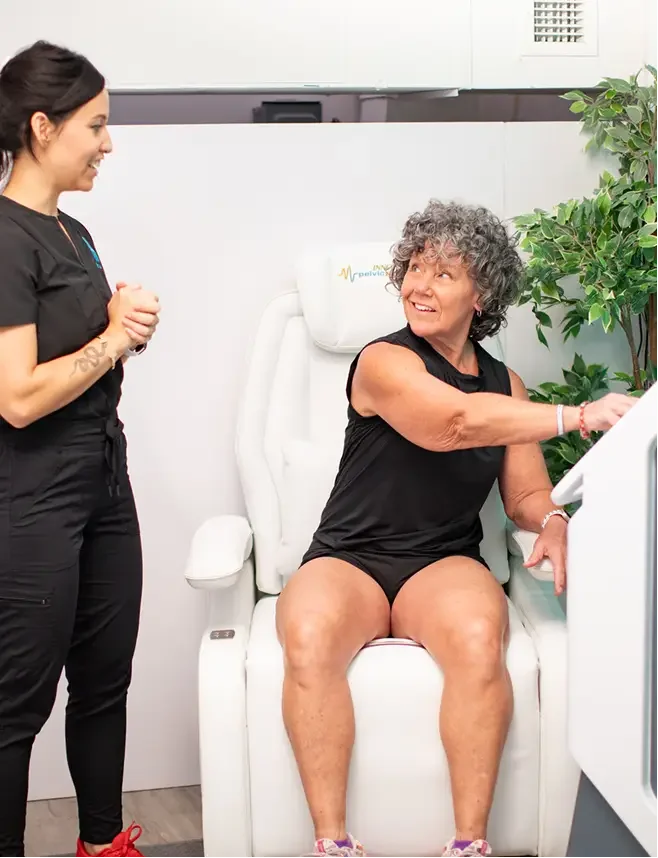 Patient receiving Pelvic Floor Therapy Chair treatment at Huemn in Houston, TX