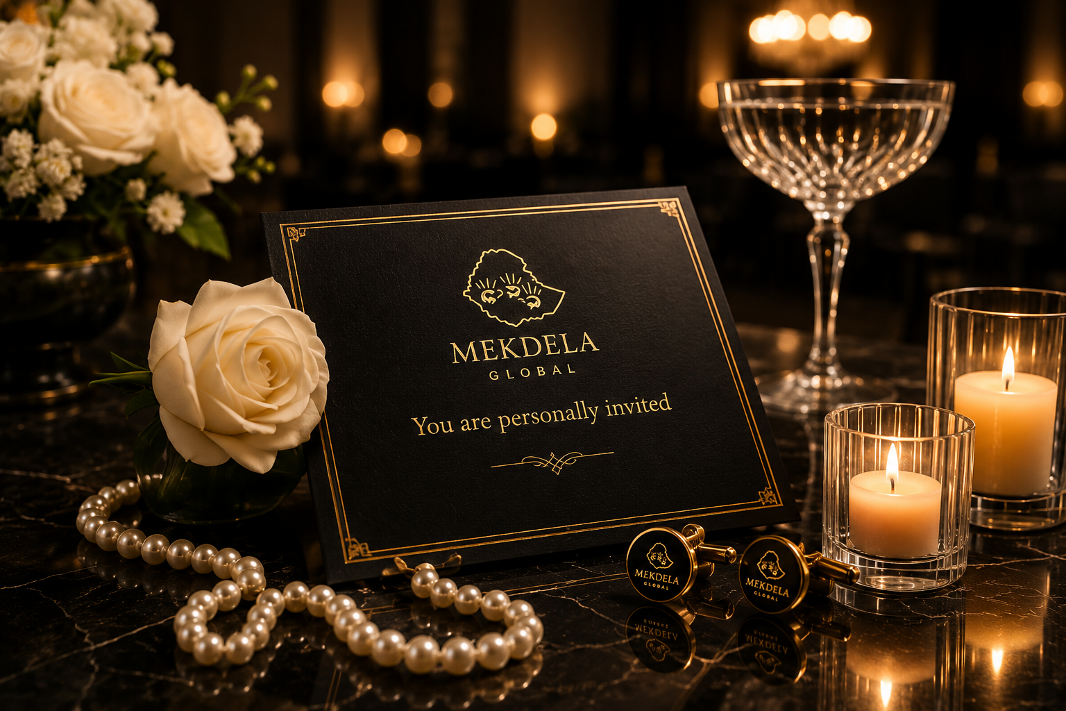 Cufflinks and Pearls VIP invitation with candlelight and pearls