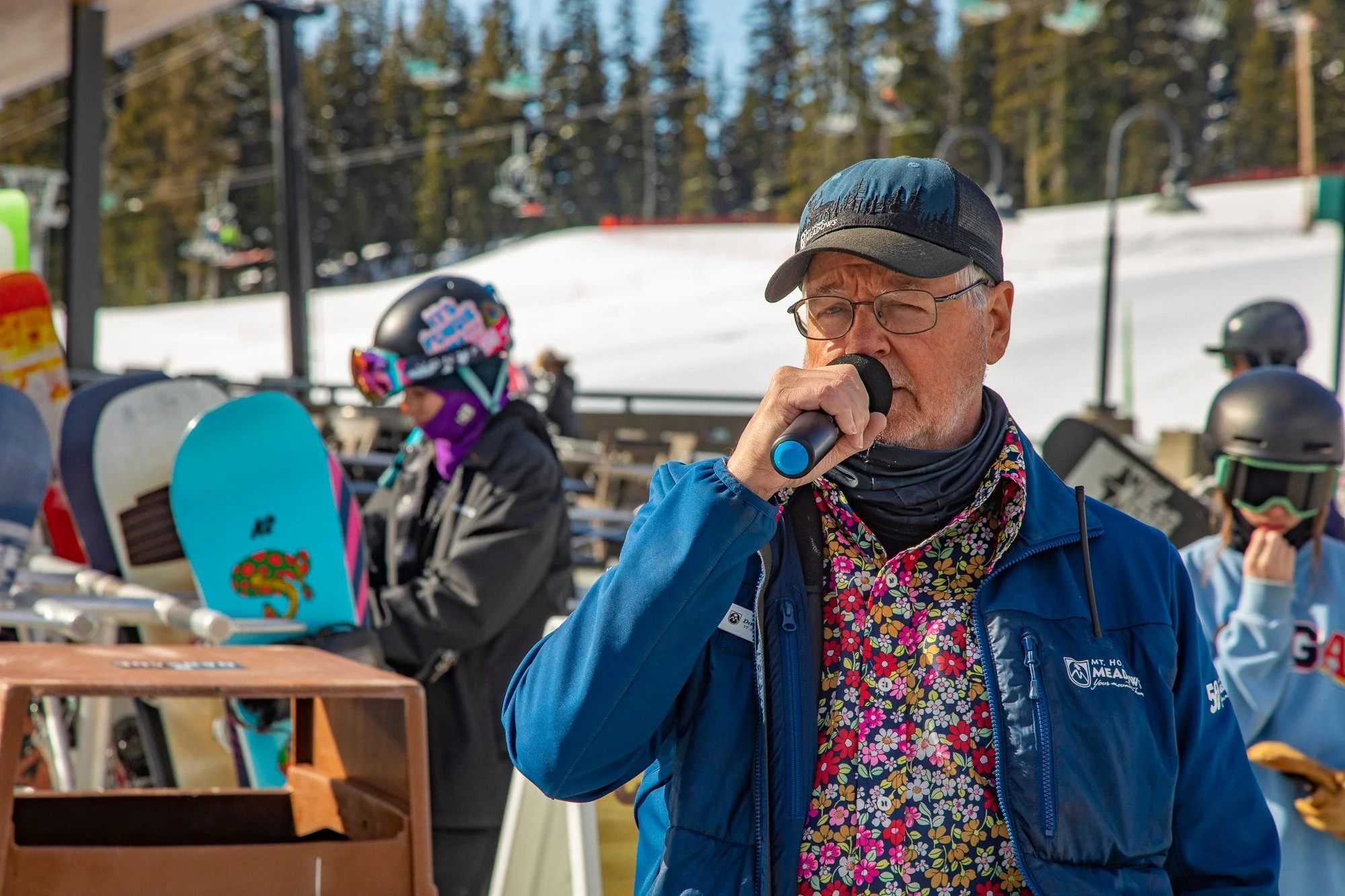Dave Tragethon at the microphone at a Mt. Hood Meadows event