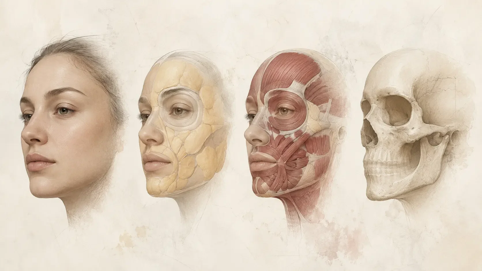 Ilustração conceitual das camadas anatômicas consideradas no planejamento facial