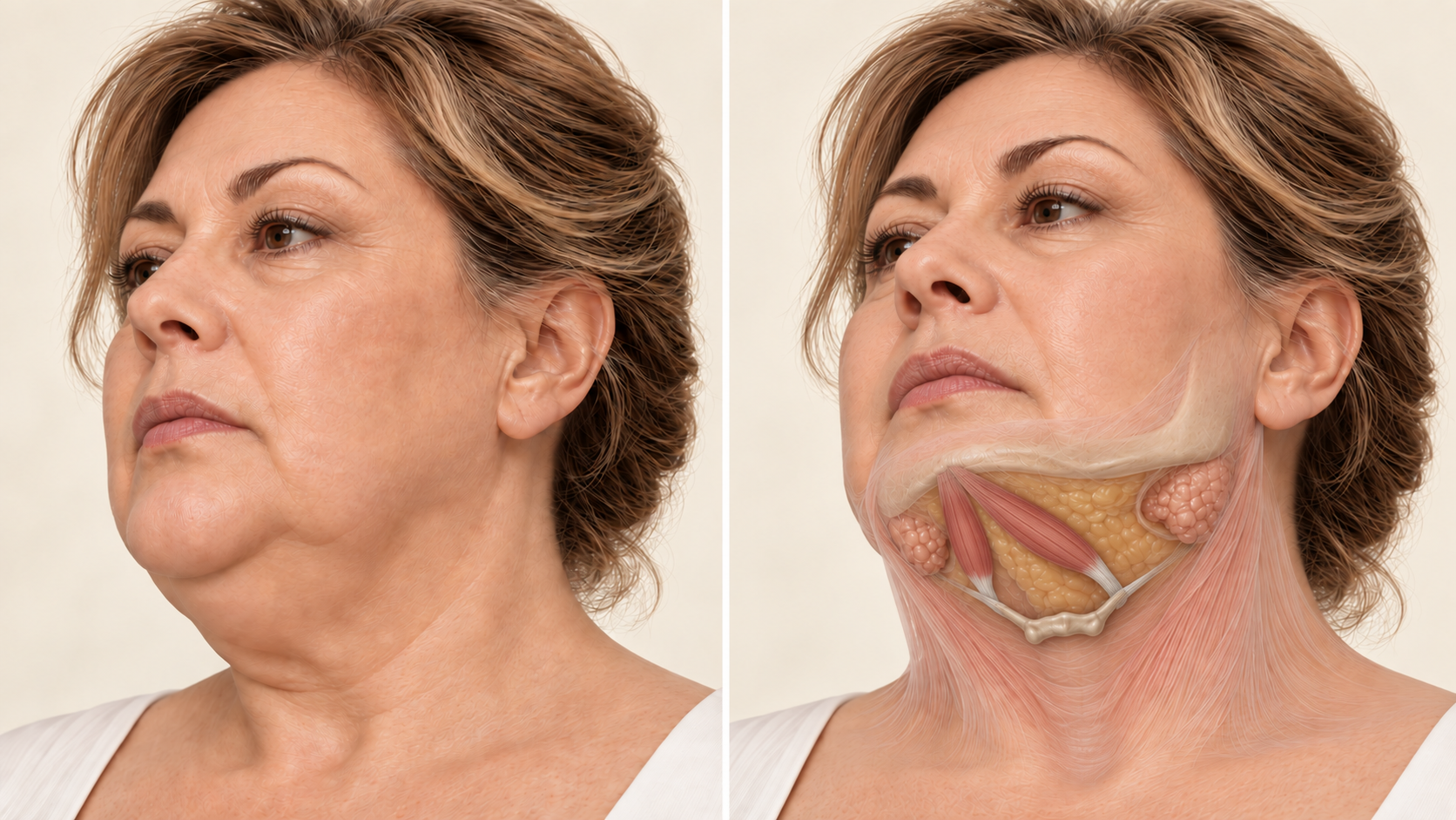 Comparação entre a aparência externa do pescoço e a anatomia profunda da região submentoniana