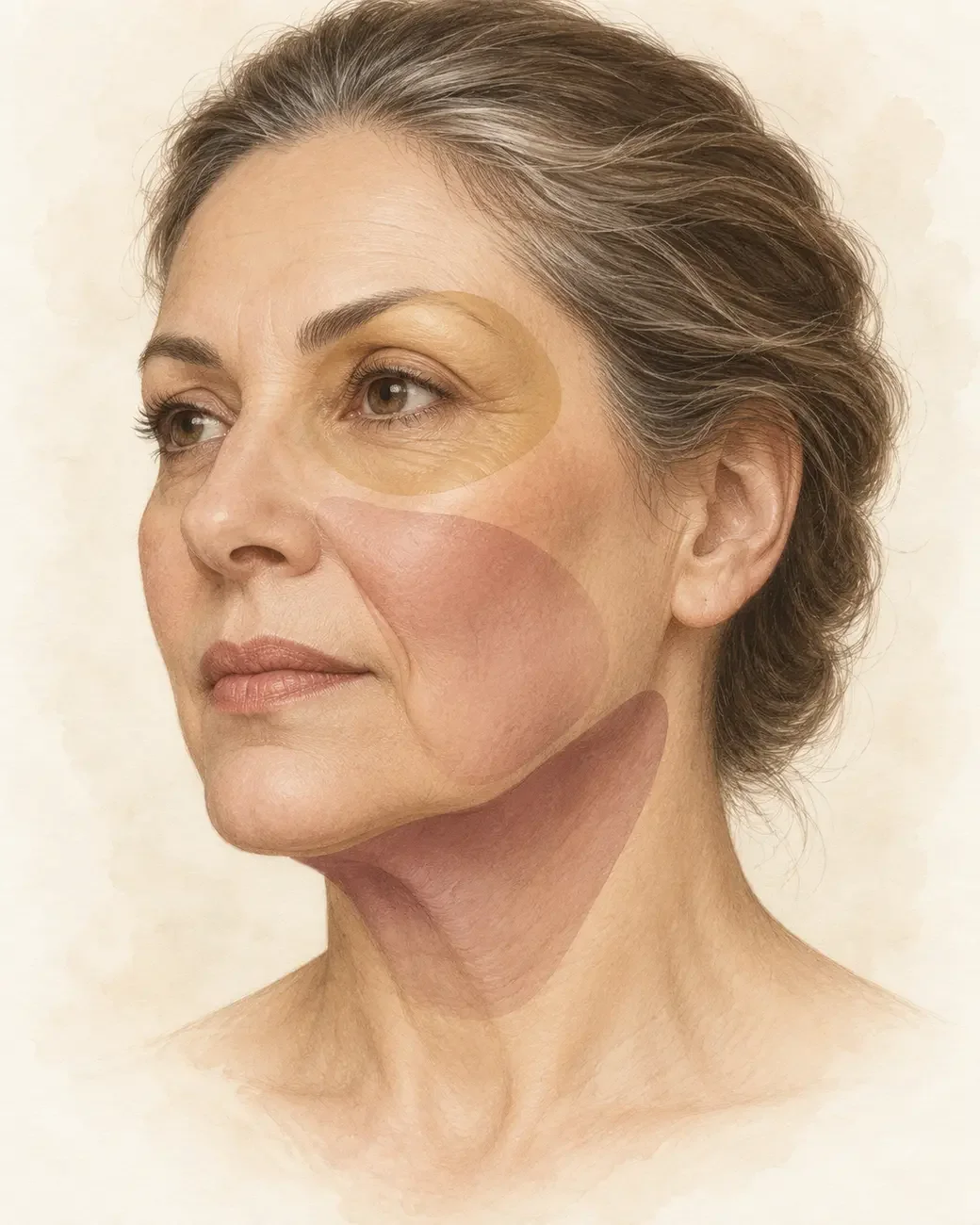 Ilustração esquemática de uma mulher com regiões dos olhos, terço médio da face e contorno mandibular e cervical destacadas