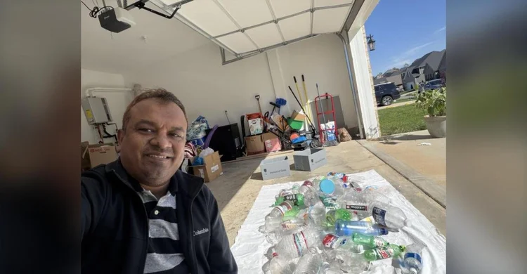 Arif with mixed used bottles prepared for shredding