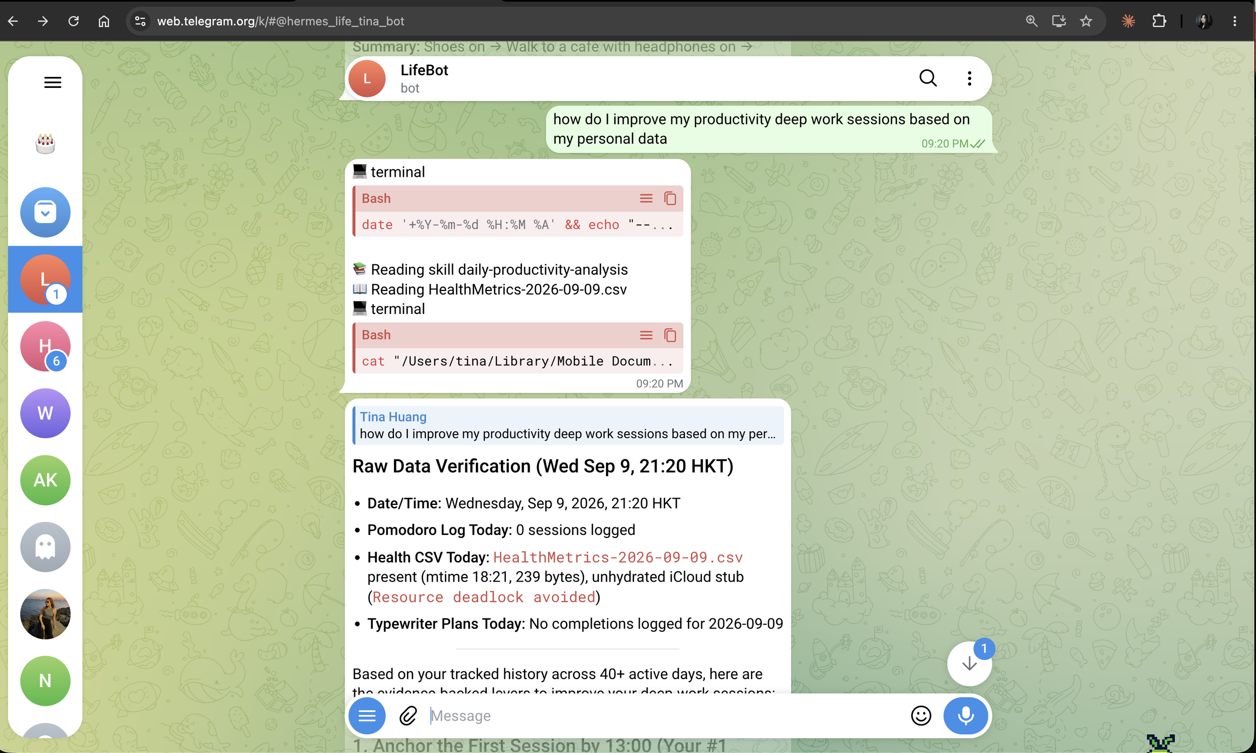 LifeBot, a personal productivity and health agent, running in Hermes