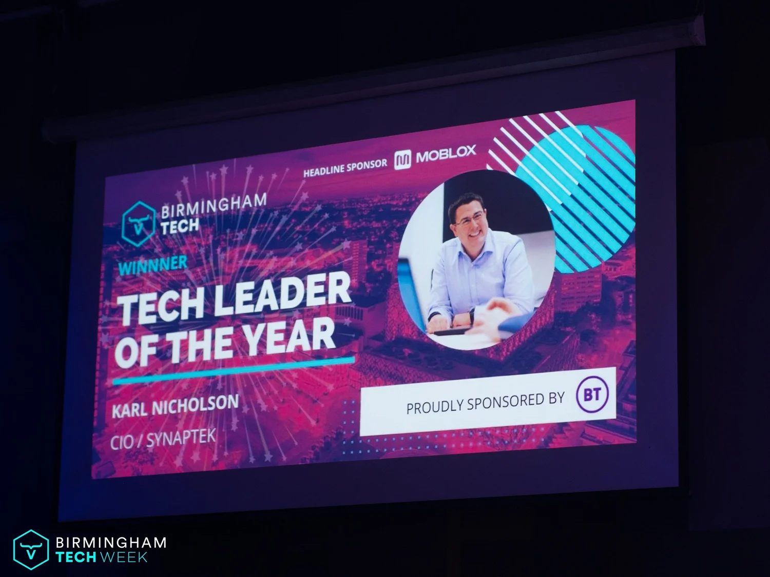 Birmingham Tech Week screen announcing Karl Nicholson, CIO at Synaptek, as Tech Leader of the Year