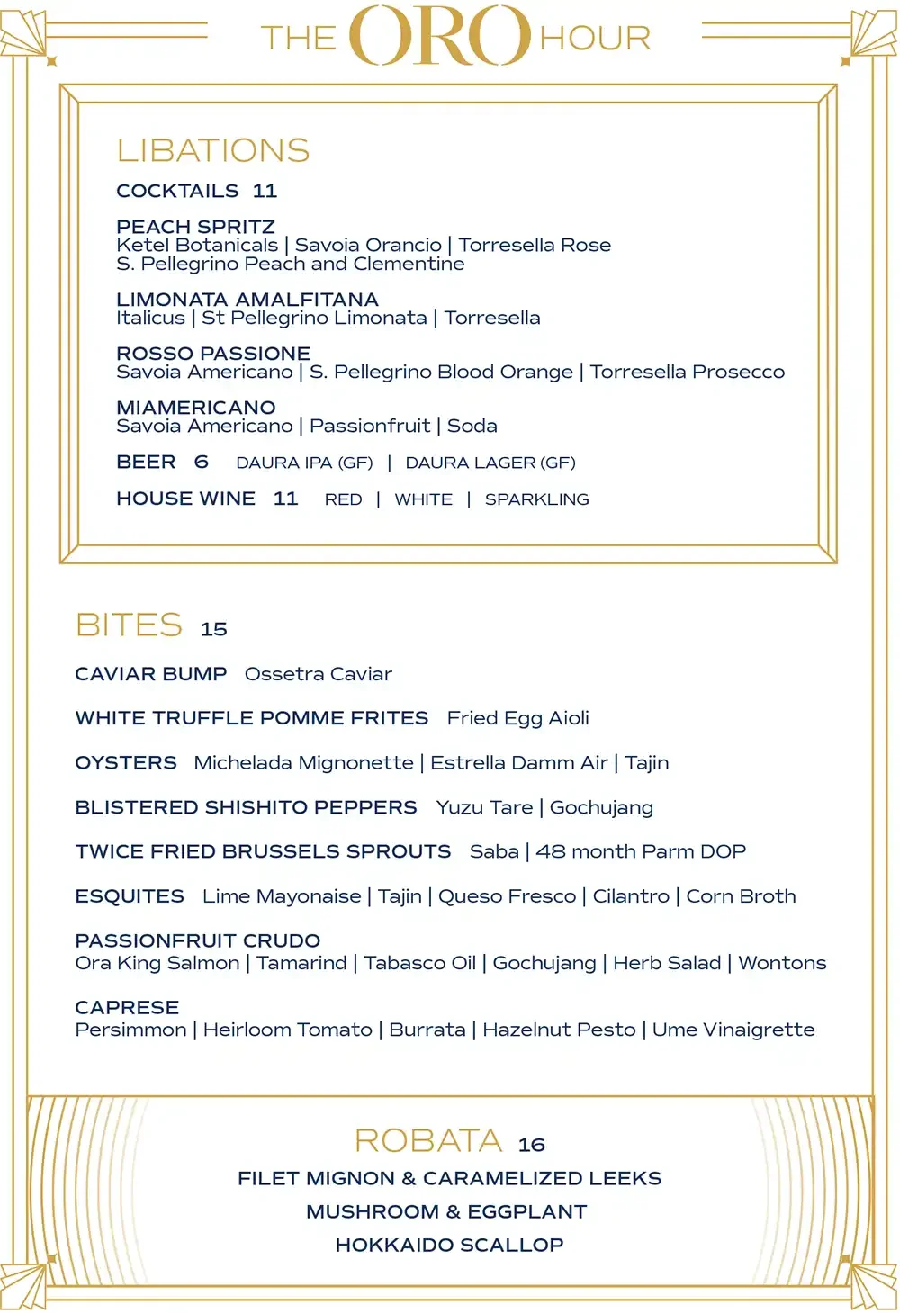 oro miami Happy Hour Menu