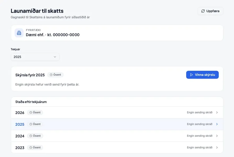 Launamiðar til skatts með stöðu eftir tekjuárum og hnappi til að vinna skýrslu