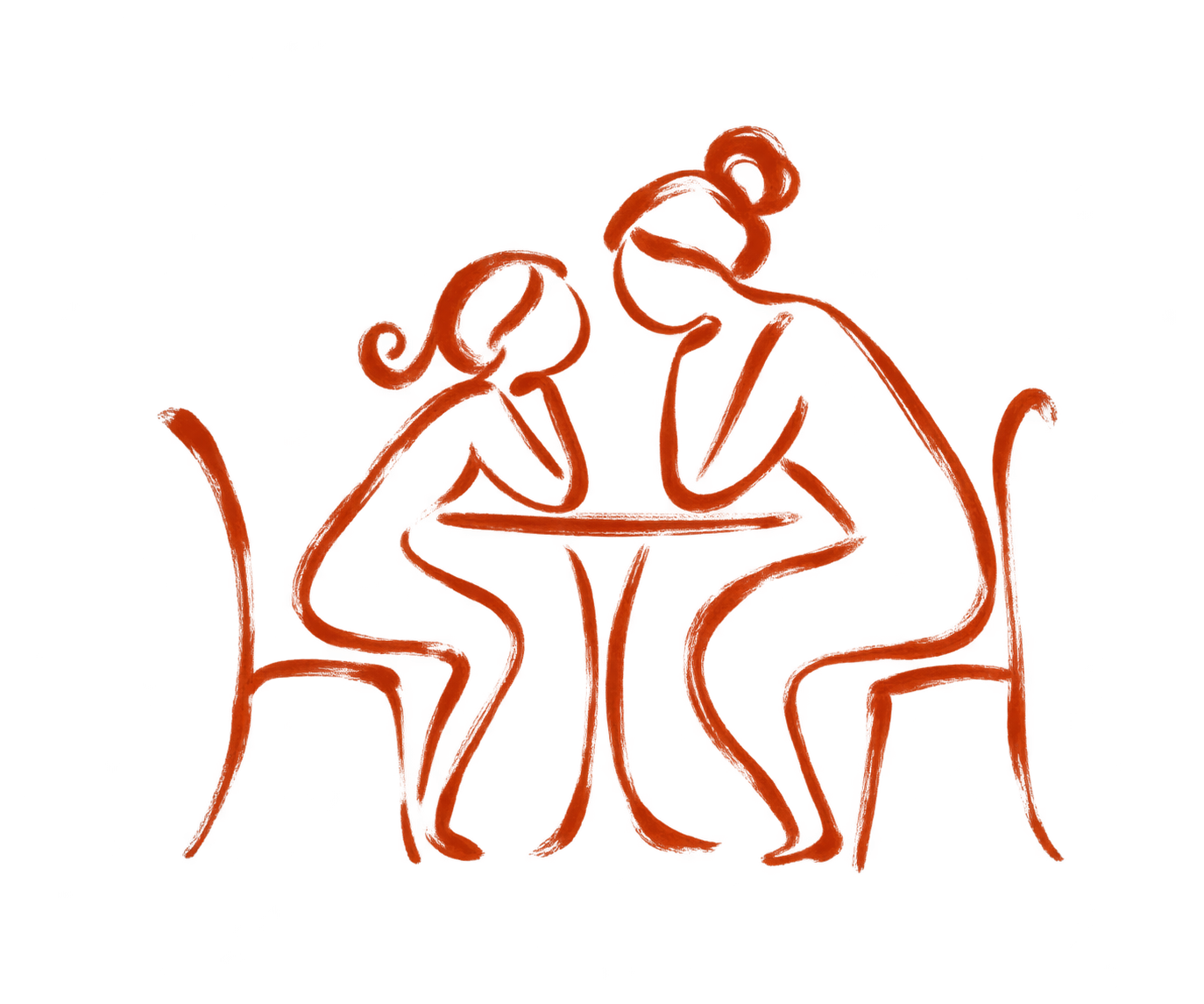 A loose terracotta sketch of a girl and an older woman leaning toward each other across a table.