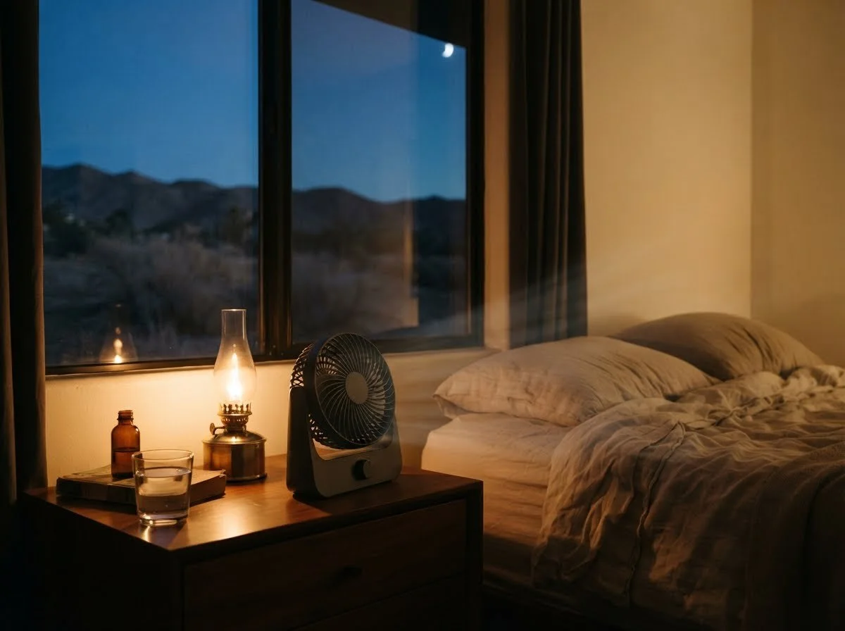 Rechargeable battery fan on a nightstand during a warm power outage night