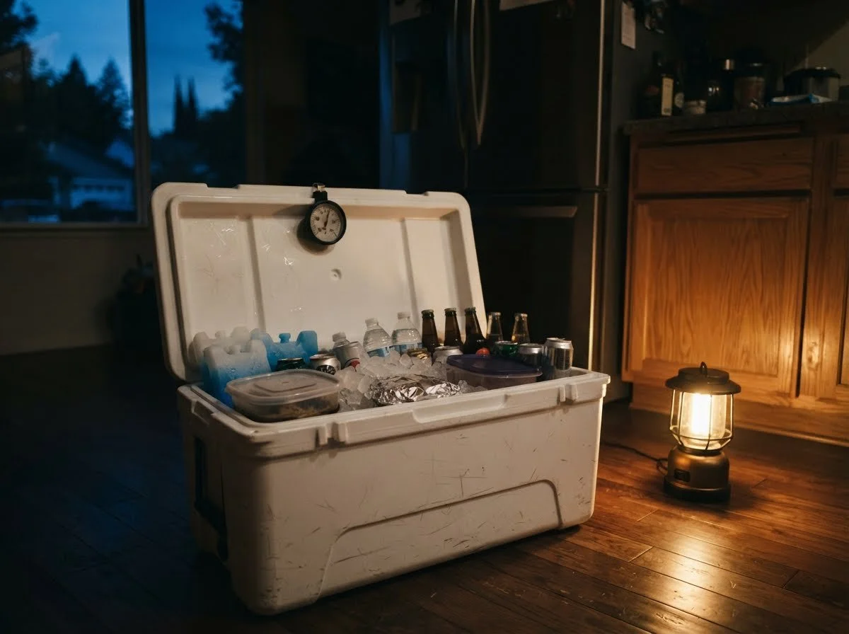 Cooler packed with ice packs and food during a power outage
