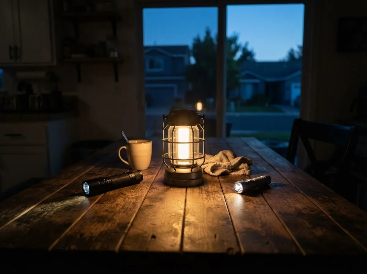 LED lantern and flashlights lighting a kitchen table during a power outage