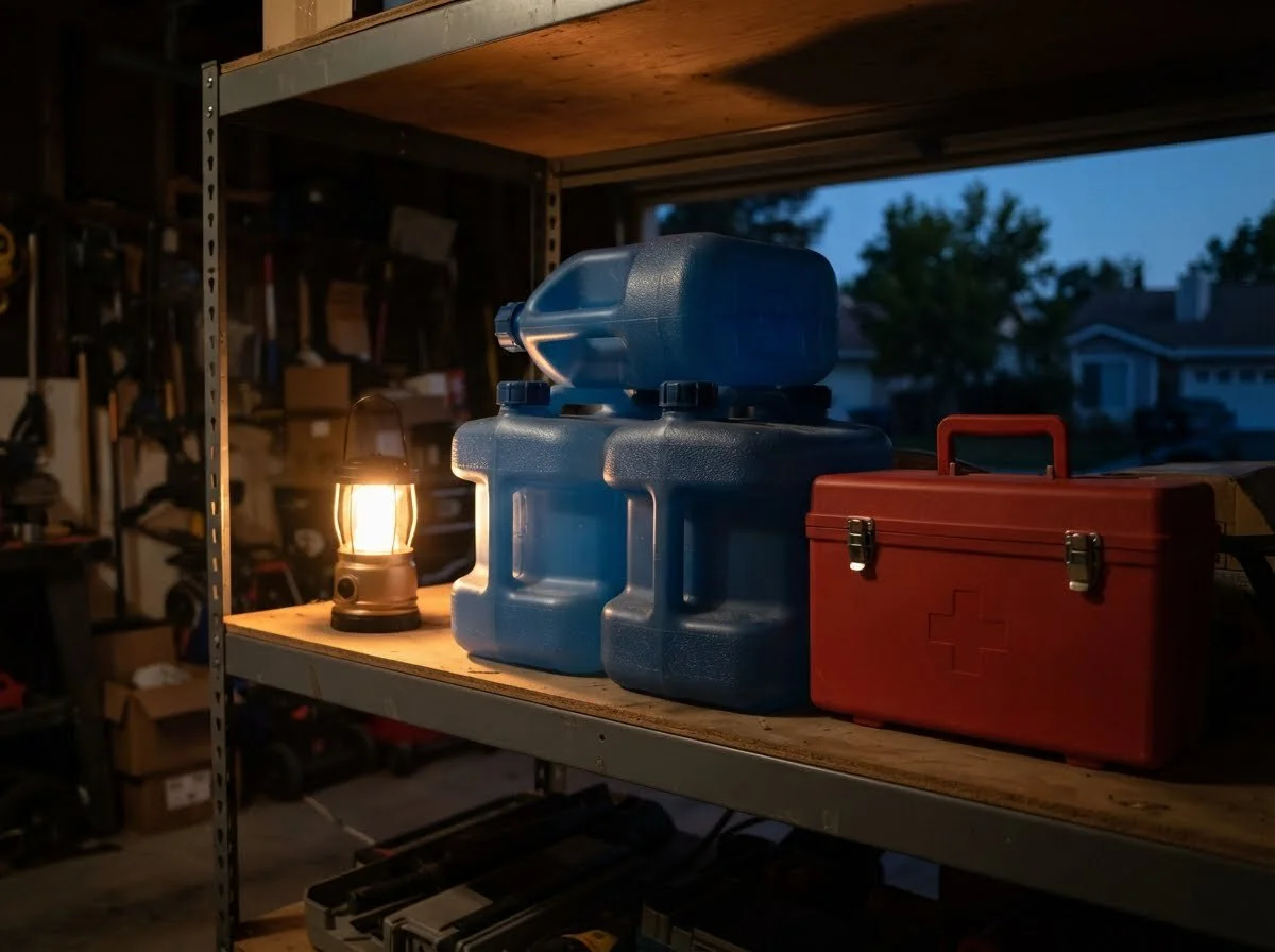 Water storage jugs and first aid kit on a garage shelf