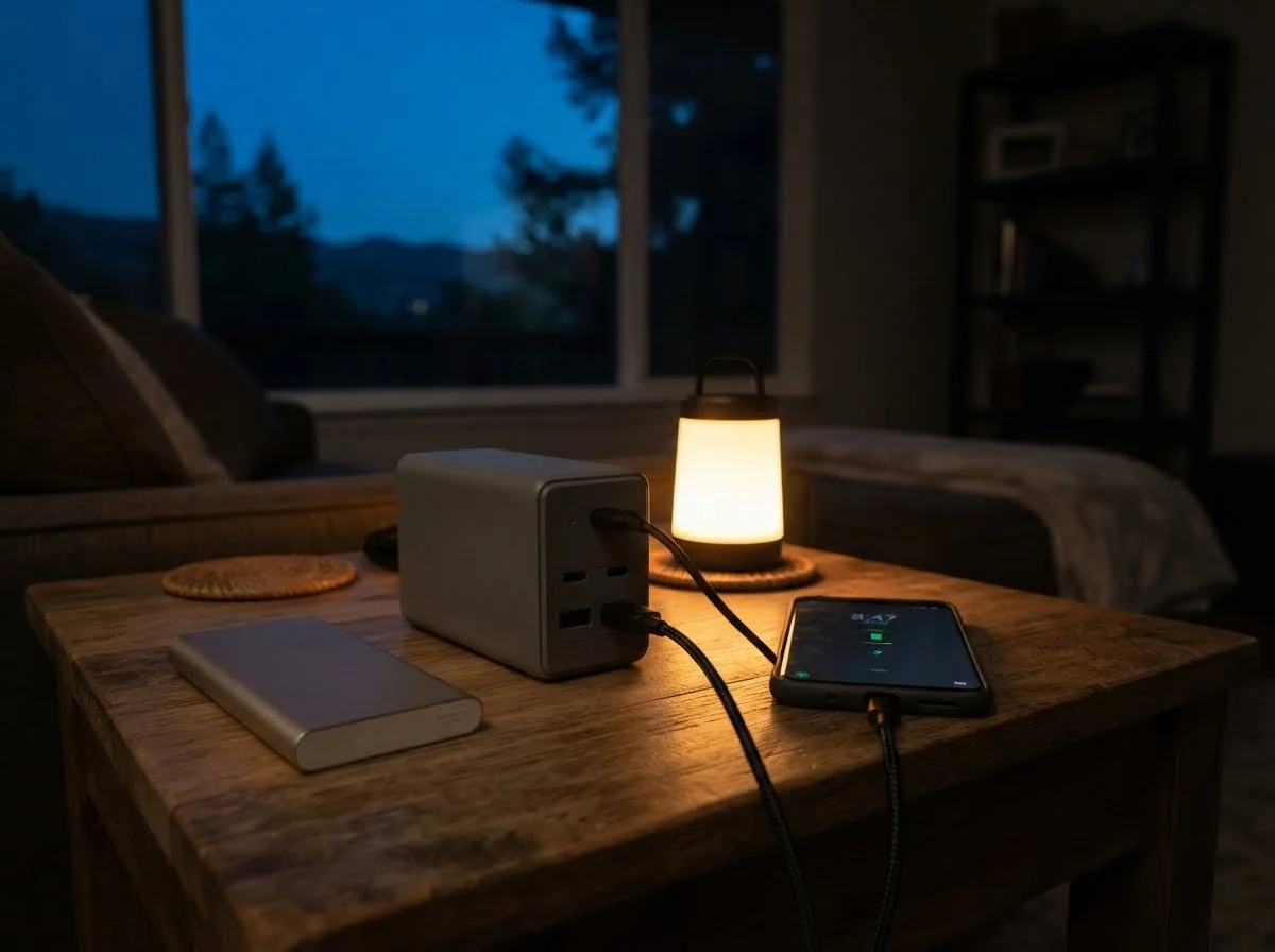 Portable power station charging a phone and running a lamp during an outage