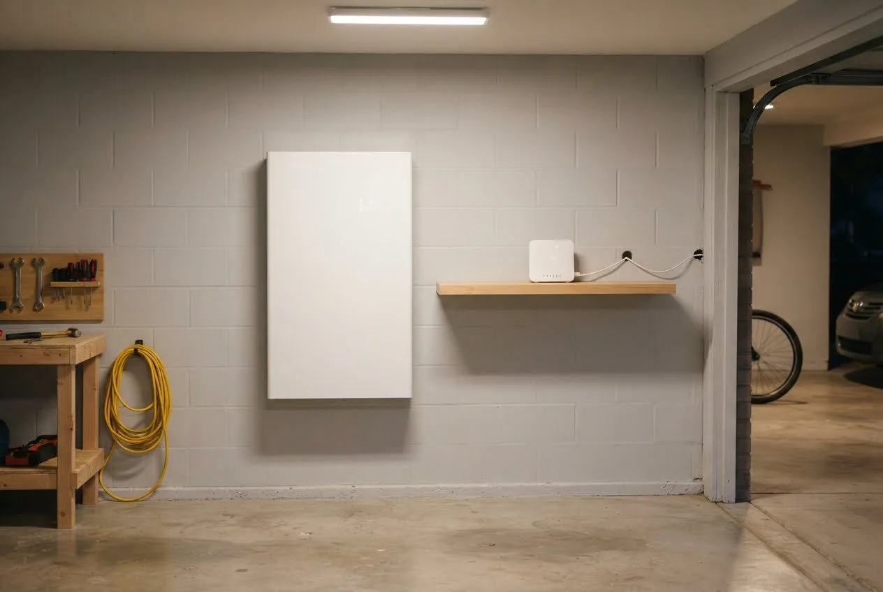 Wall-mounted home battery in a garage beside a Wi-Fi router on a shelf, keeping internet powered during an outage