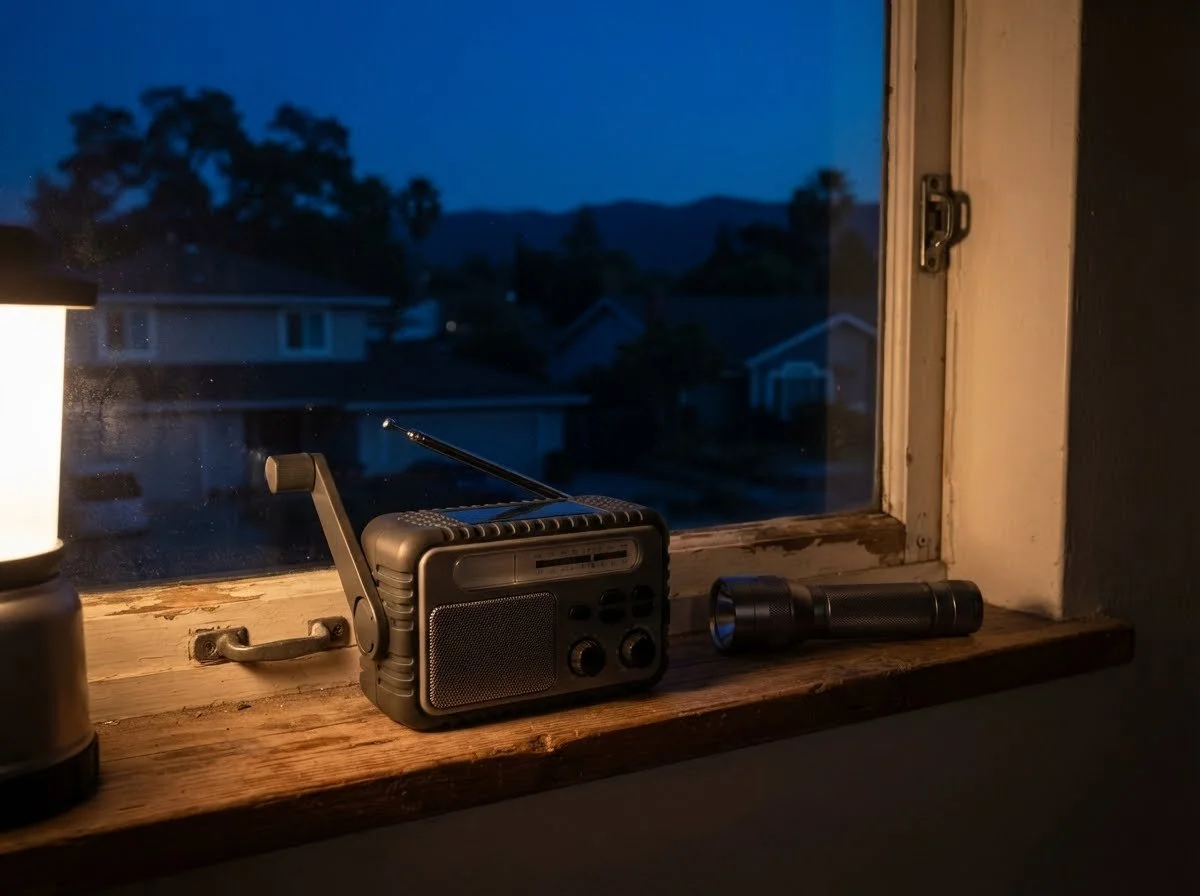 Hand-crank emergency weather radio on a windowsill during a power outage