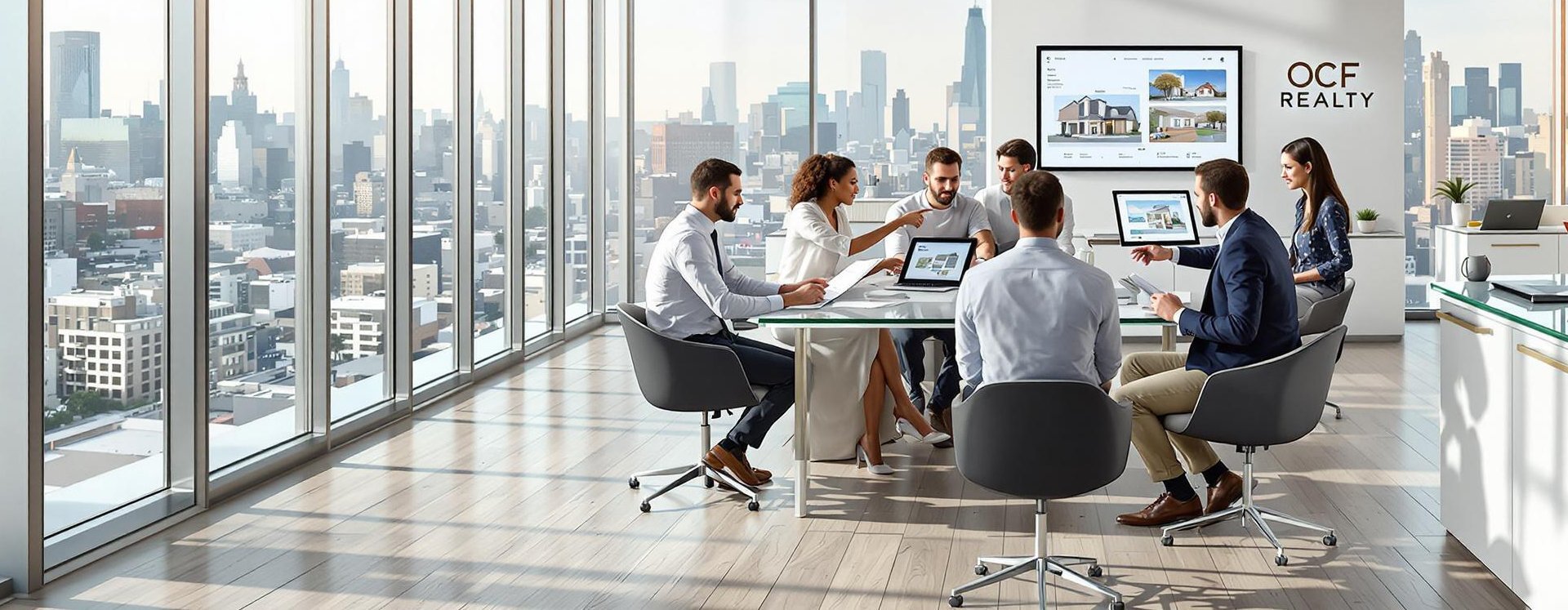 Real estate team working together in an office setting